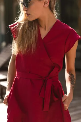 Linen wrap dress burgundy - Máia