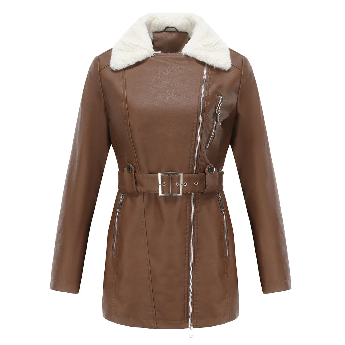 Long Sleeve Fleece Leather Double Headed Faux Shearling Jacket