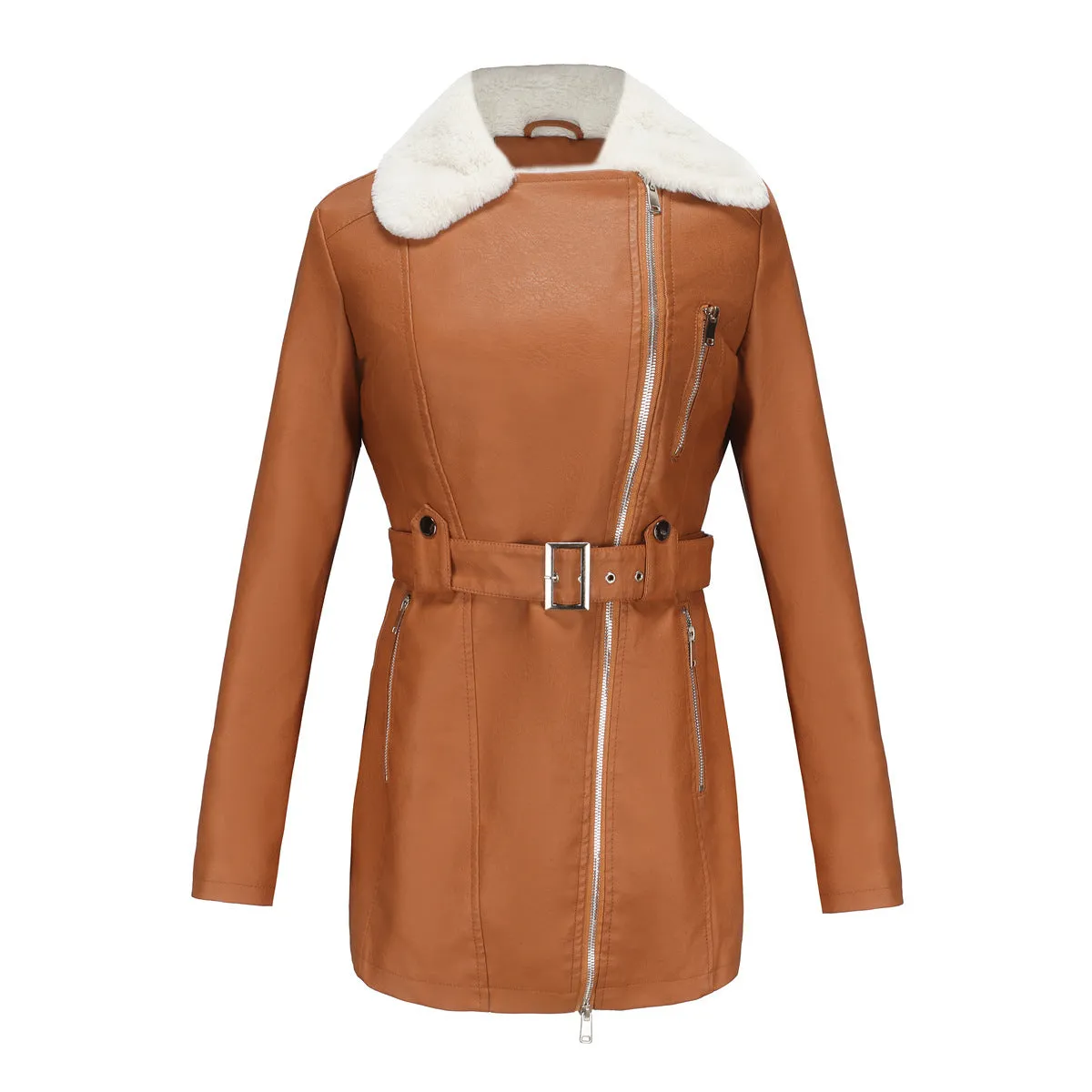 Long Sleeve Fleece Leather Double Headed Faux Shearling Jacket