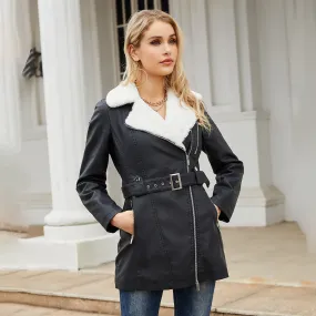 Long Sleeve Fleece Leather Double Headed Faux Shearling Jacket