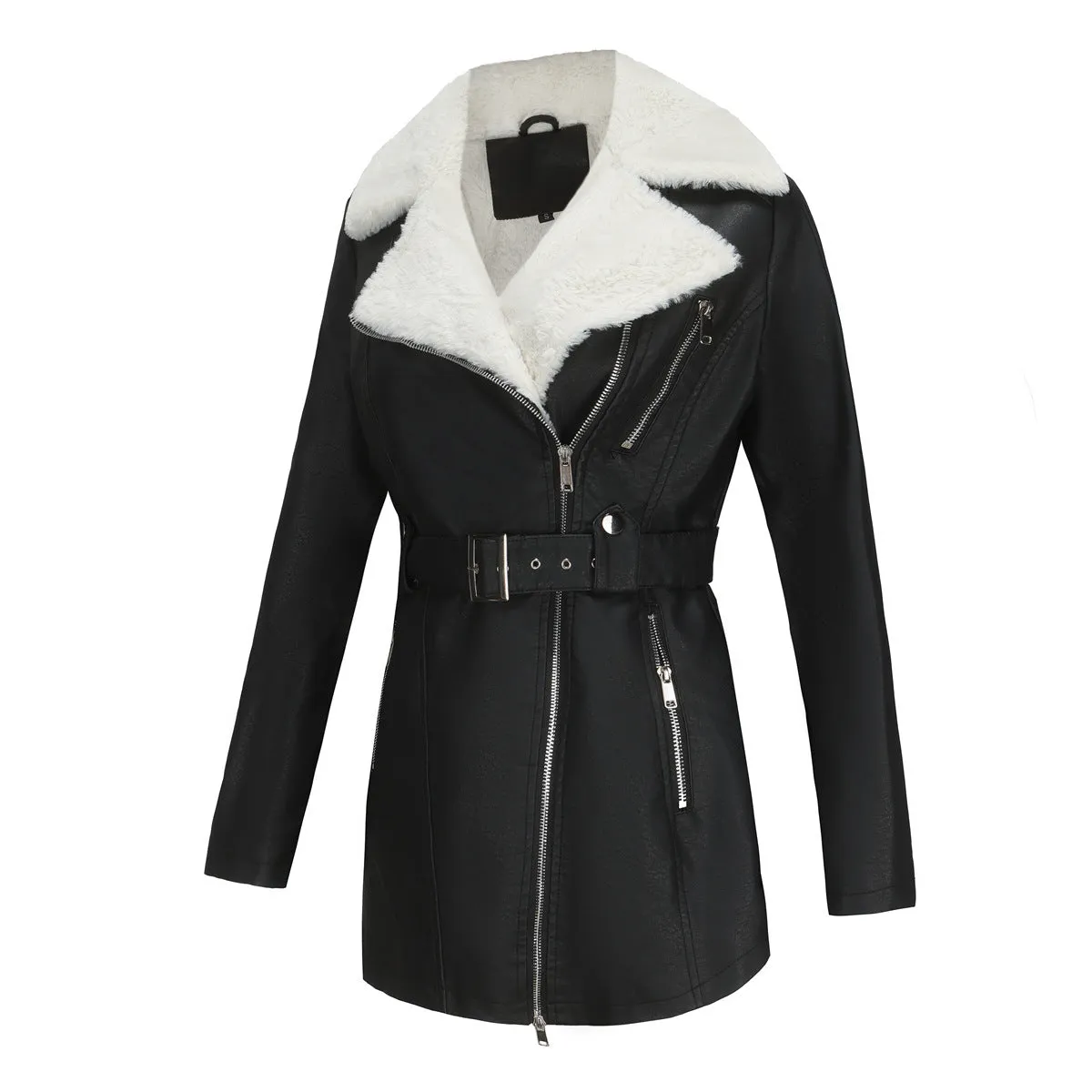 Long Sleeve Fleece Leather Double Headed Faux Shearling Jacket