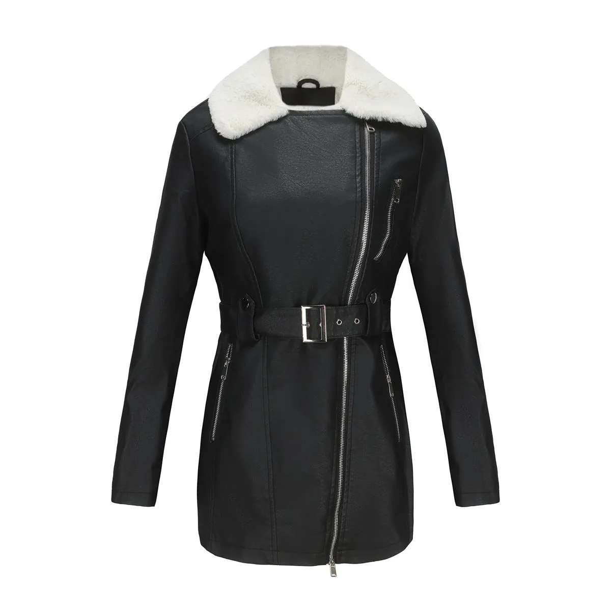Long Sleeve Fleece Leather Double Headed Faux Shearling Jacket