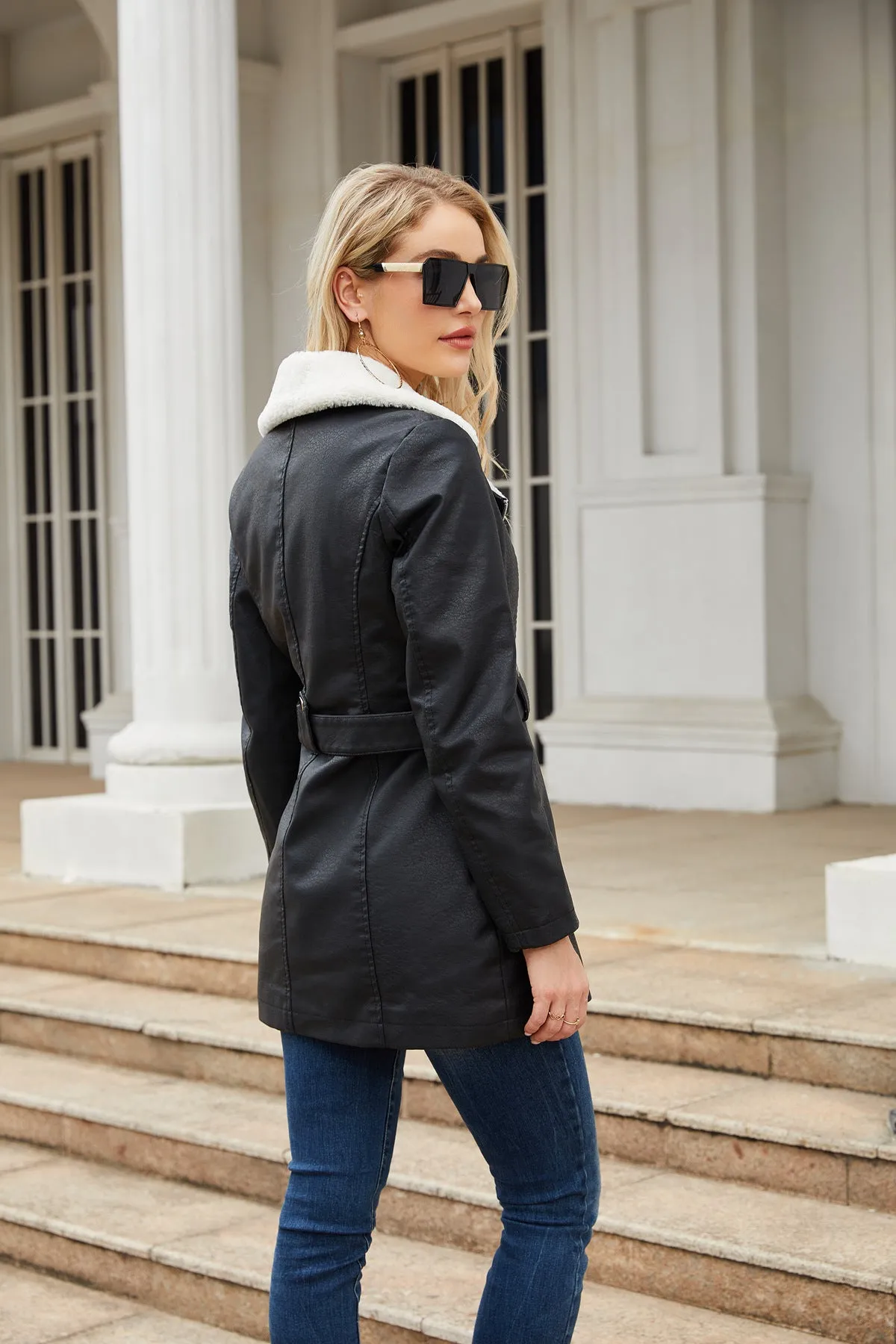 Long Sleeve Fleece Leather Double Headed Faux Shearling Jacket