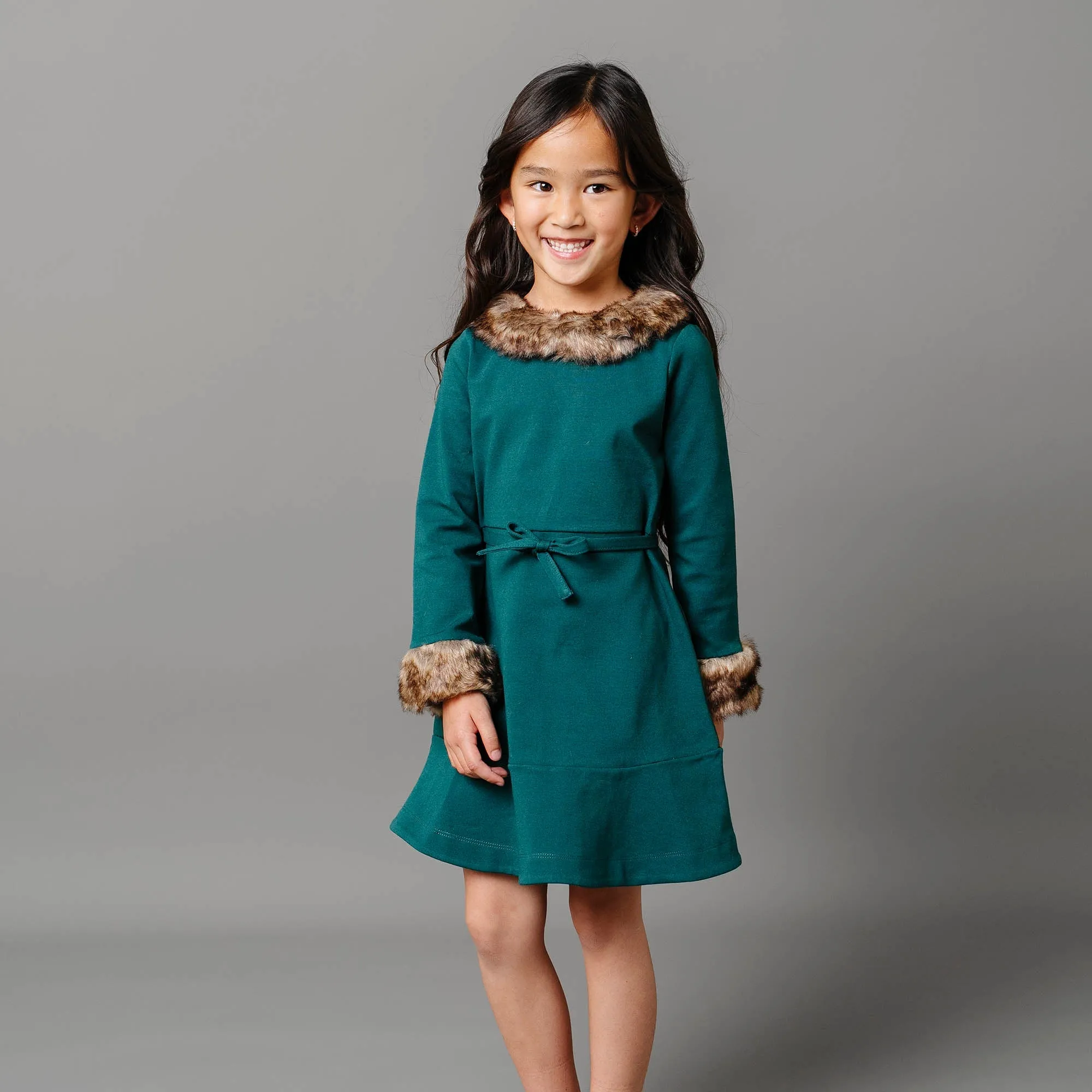 Long Sleeve Ponte Dress with Faux Fur