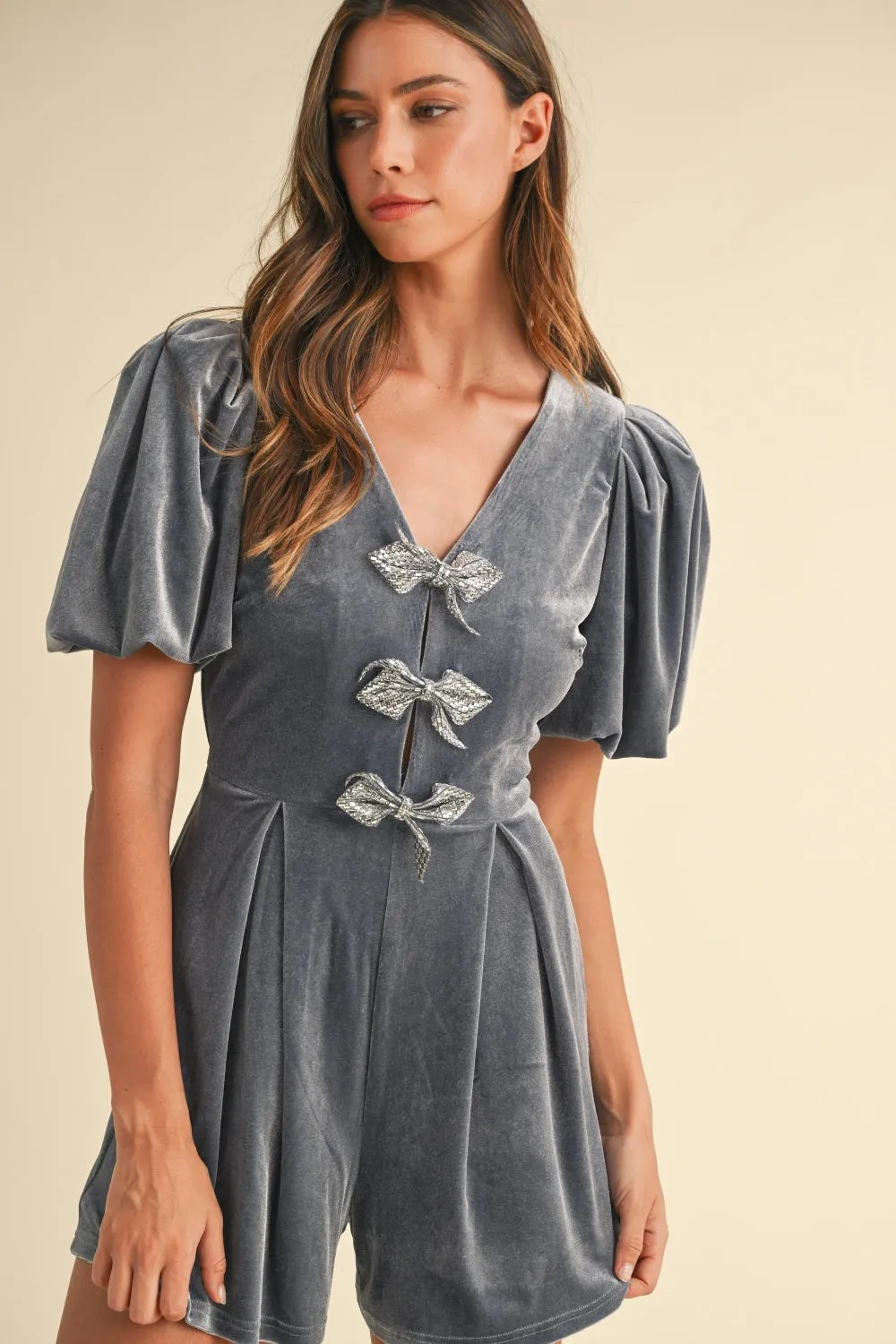 Mable Dusty Blue Velvet Bejewel Bow Detailed Romper
