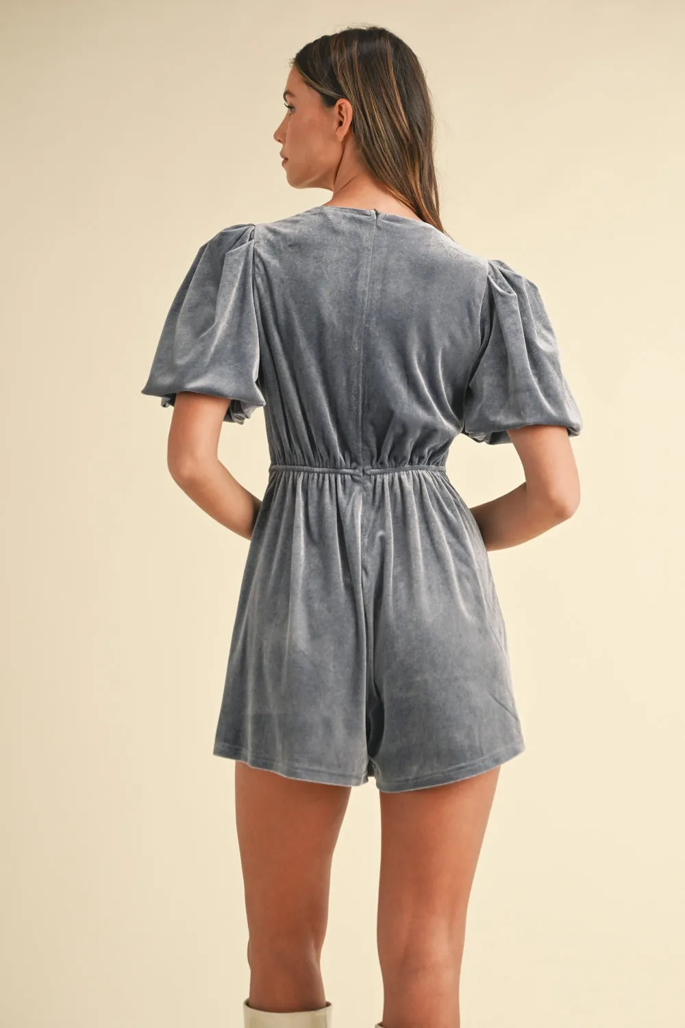 Mable Dusty Blue Velvet Bejewel Bow Detailed Romper