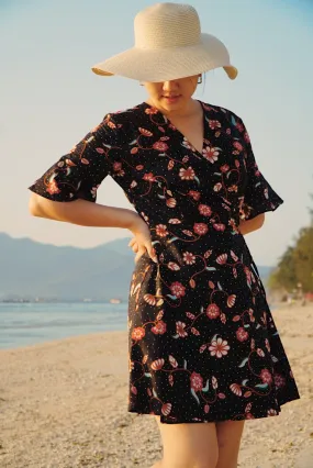 Magnolia Batik Wrap Dress in Black Floral