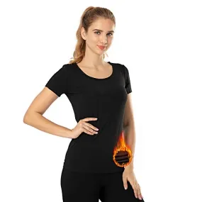 MANCYFIT Thermal Top for Women Fleece Lined Shirt Short Sleeve Base Layer Black X-Small