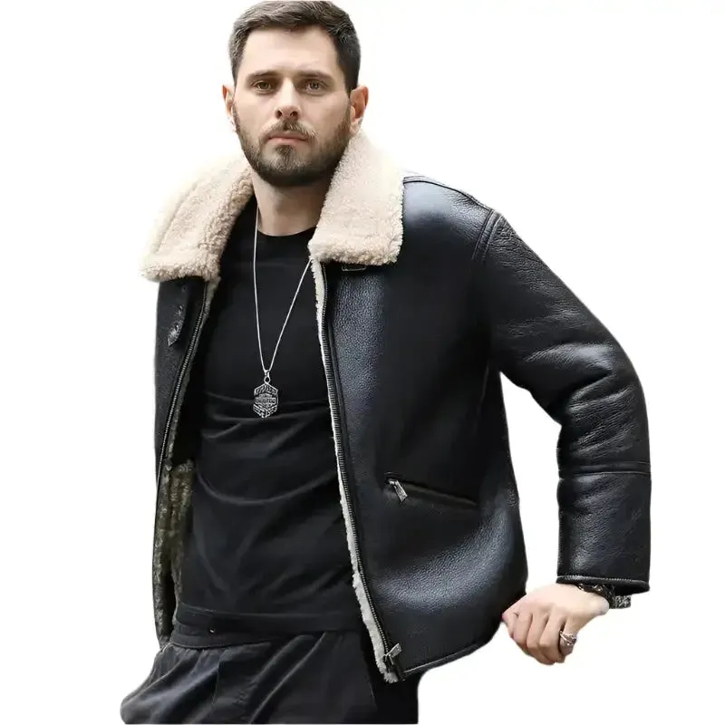 Men's Black Sheepskin Shearling Motorcycle Jacket – Warm & Stylish