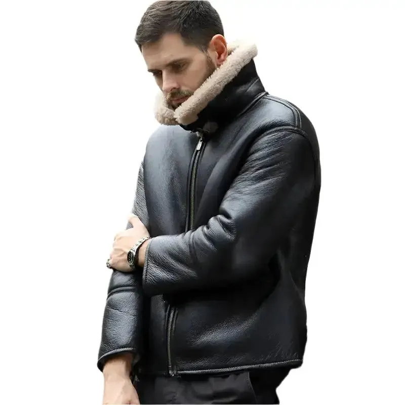 Men's Black Sheepskin Shearling Motorcycle Jacket – Warm & Stylish