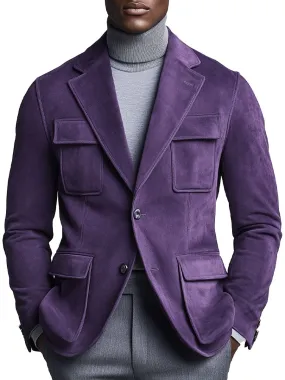 Men's Lapel Multi-Pocket Purple Suede Blazer