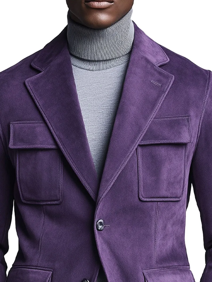 Men's Lapel Multi-Pocket Purple Suede Blazer