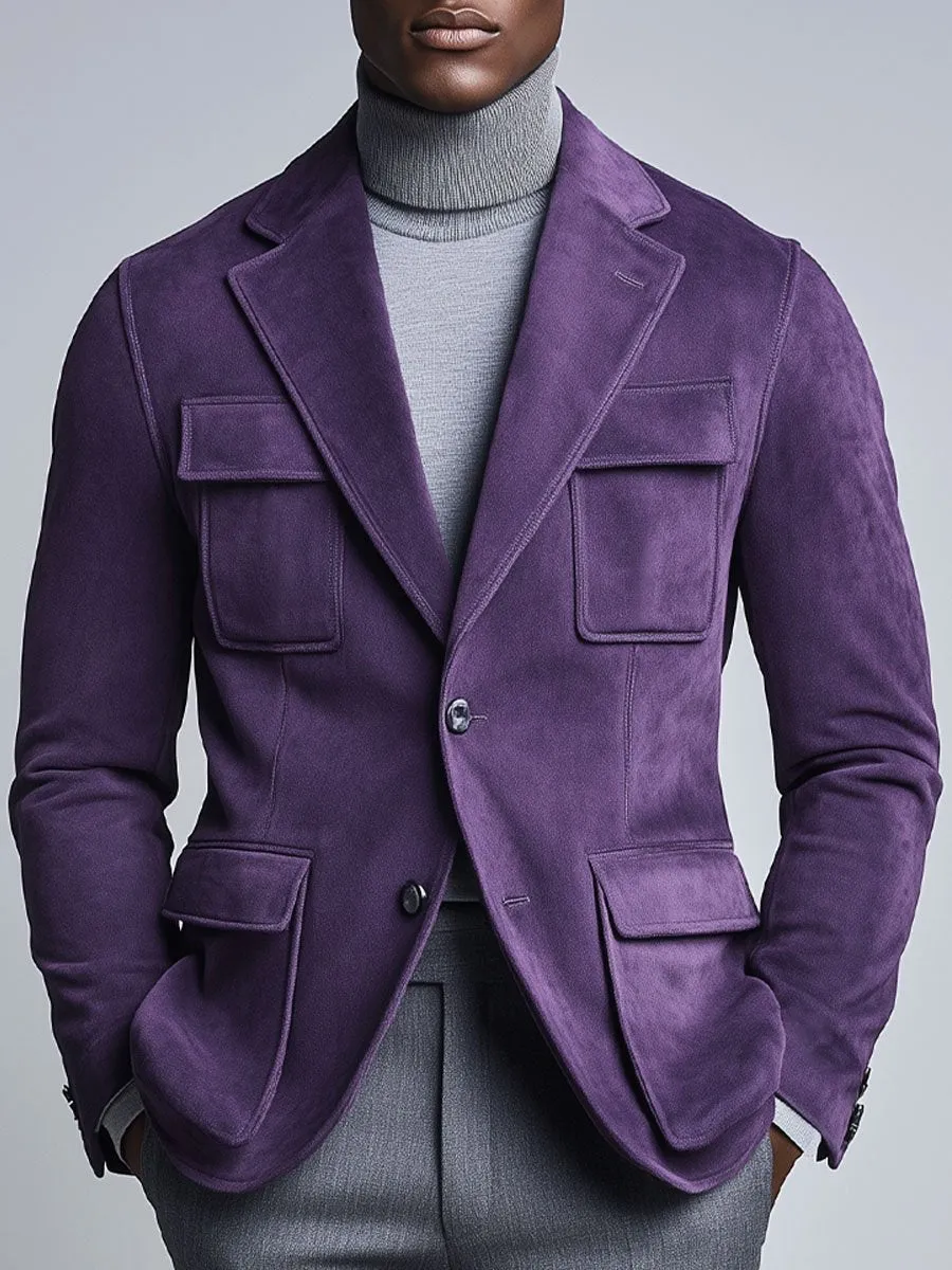 Men's Lapel Multi-Pocket Purple Suede Blazer