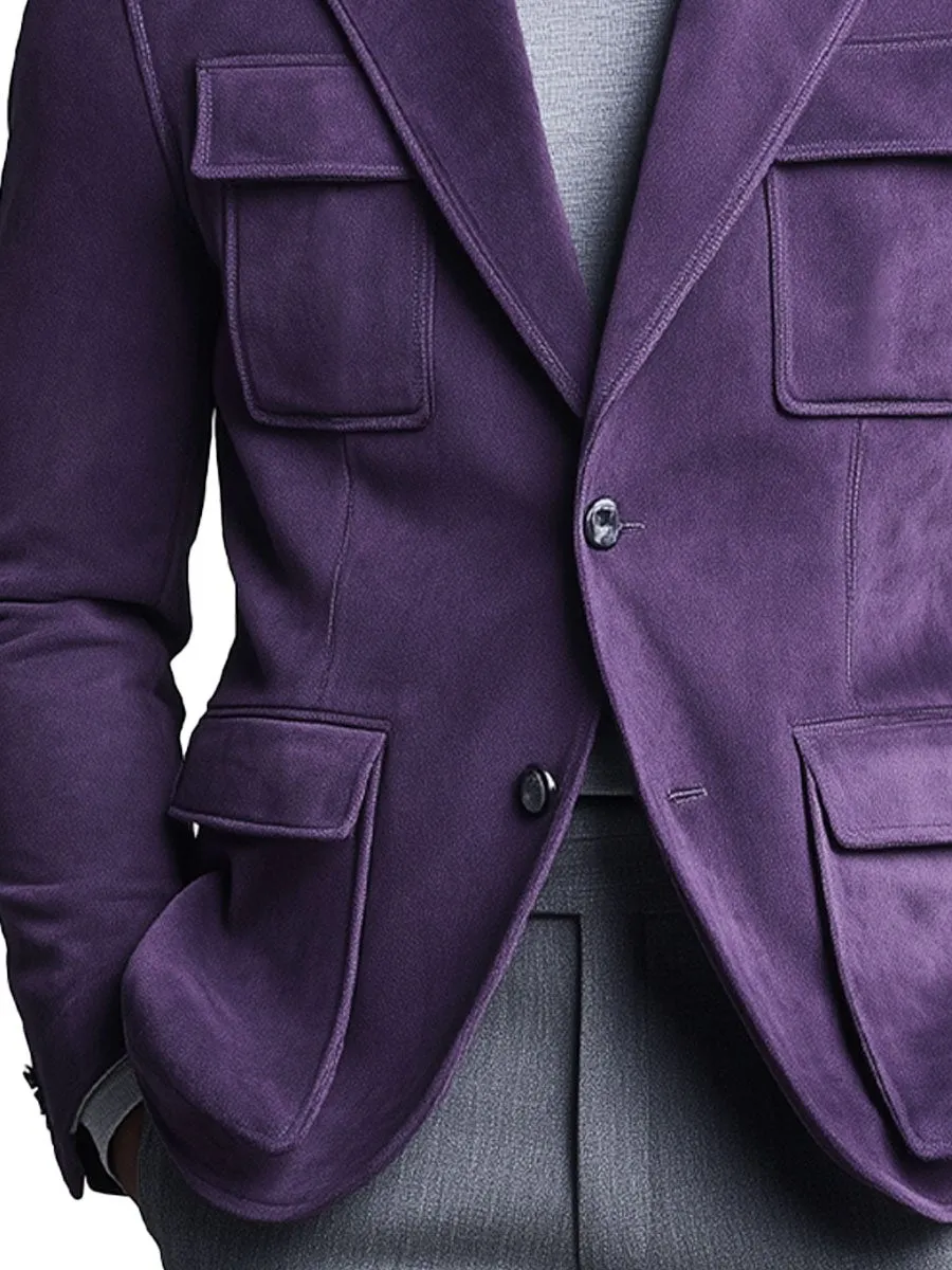 Men's Lapel Multi-Pocket Purple Suede Blazer