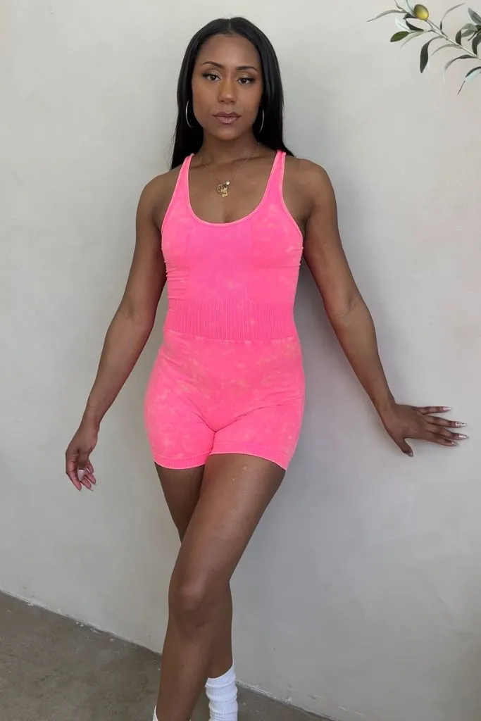Mineral Wash Seamless Romper - Neon Pink