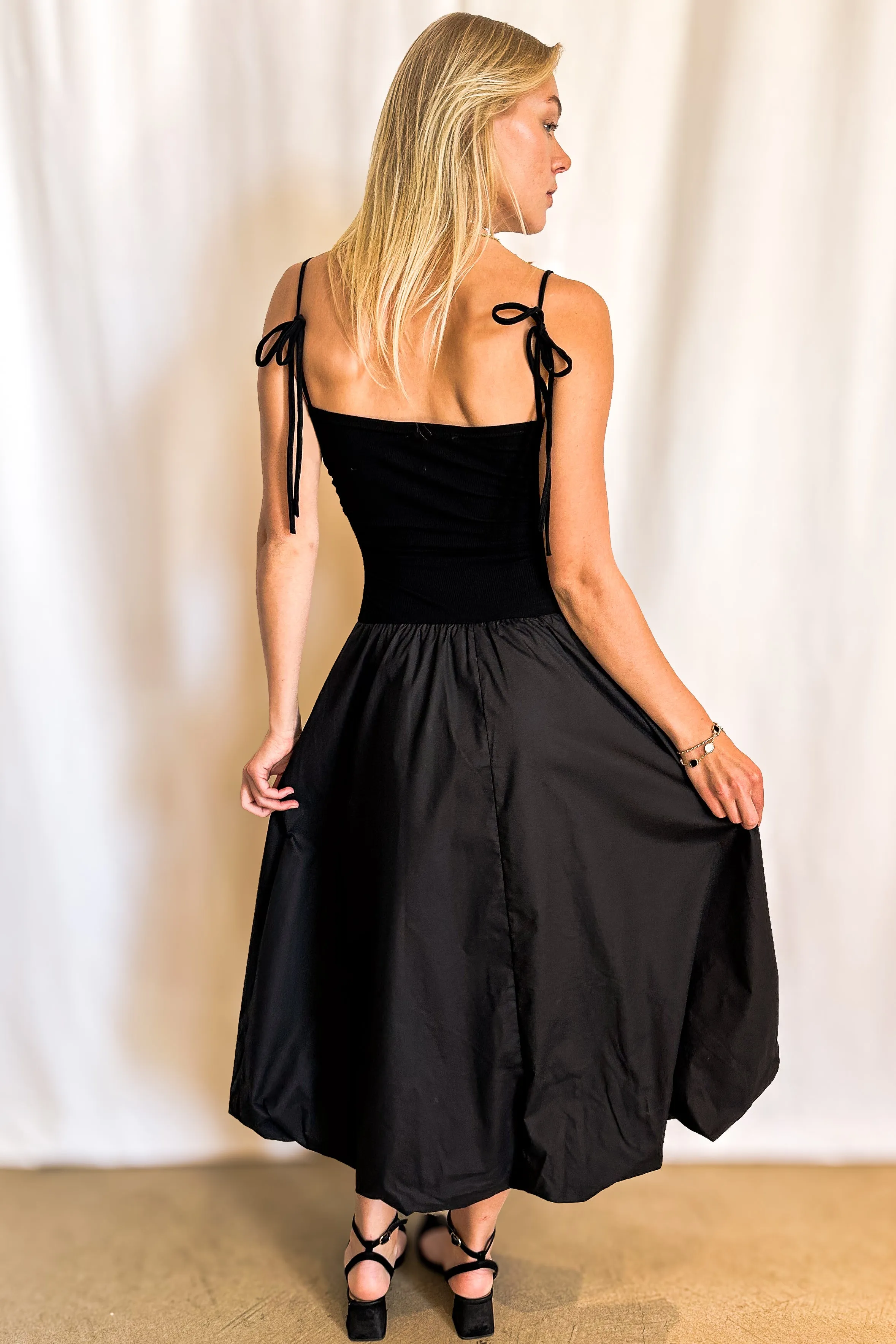 Mixed Textile Bubble Midi Cami Dress / Black