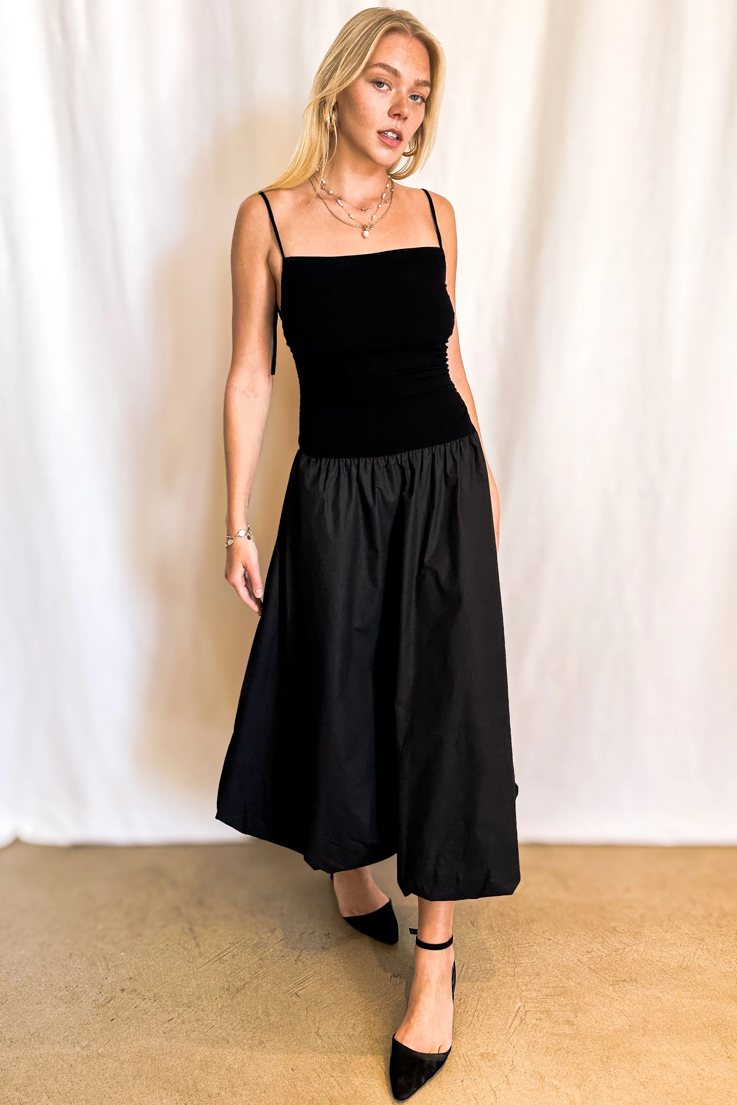 Mixed Textile Bubble Midi Cami Dress / Black