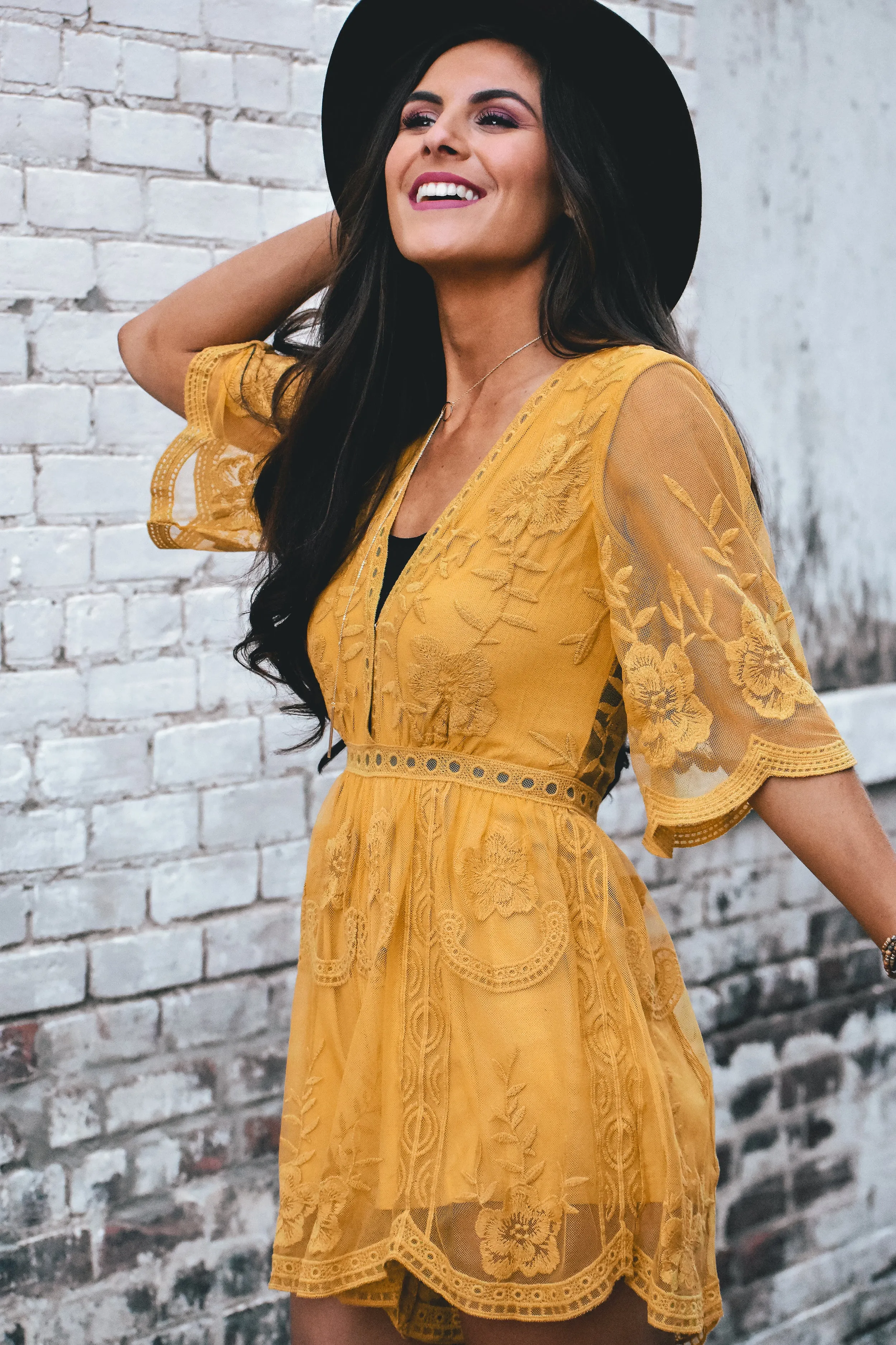 Olivia Embroidered Lace Romper - Mustard