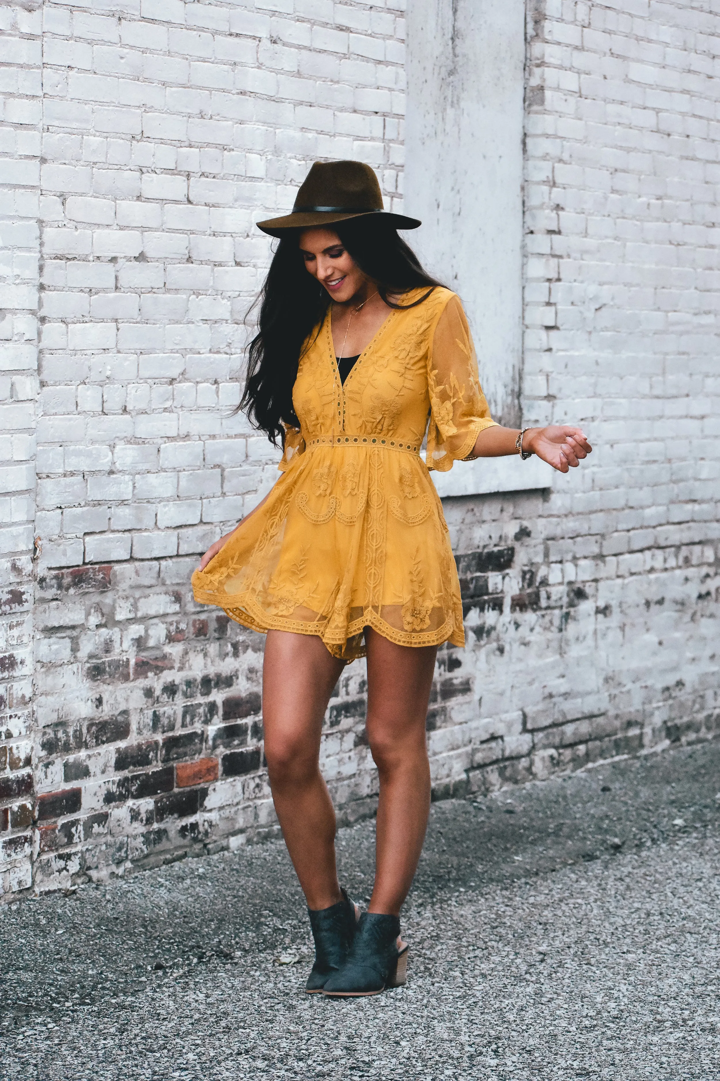 Olivia Embroidered Lace Romper - Mustard