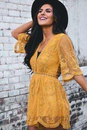 Olivia Embroidered Lace Romper - Mustard