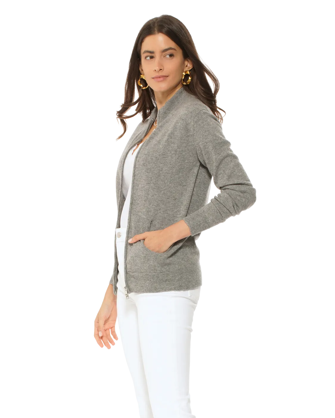 Oprah Daily - Women's Cashmere Zip Cardigan Medium Grey