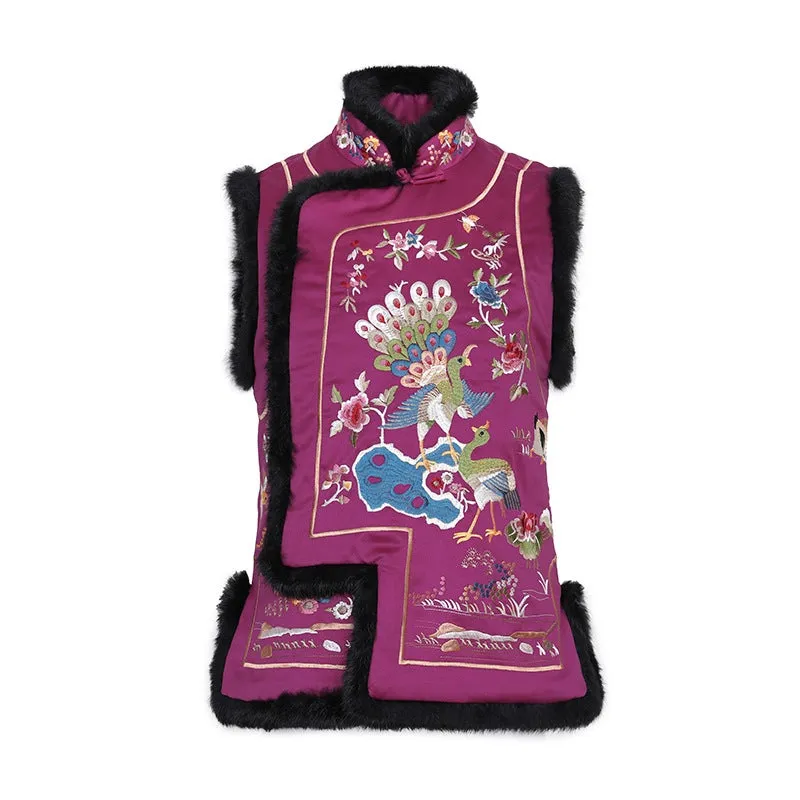 Peacock & Floral Embroidery Chinese Style Wadded Waistcoat Vest