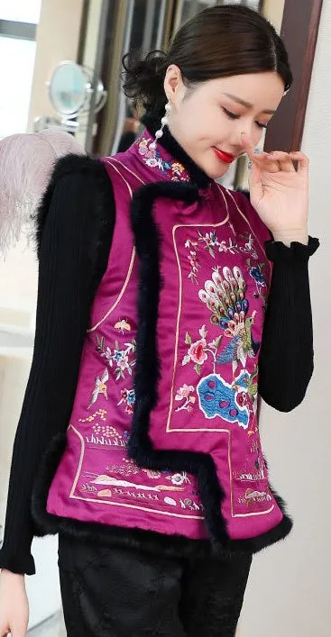 Peacock & Floral Embroidery Chinese Style Wadded Waistcoat Vest