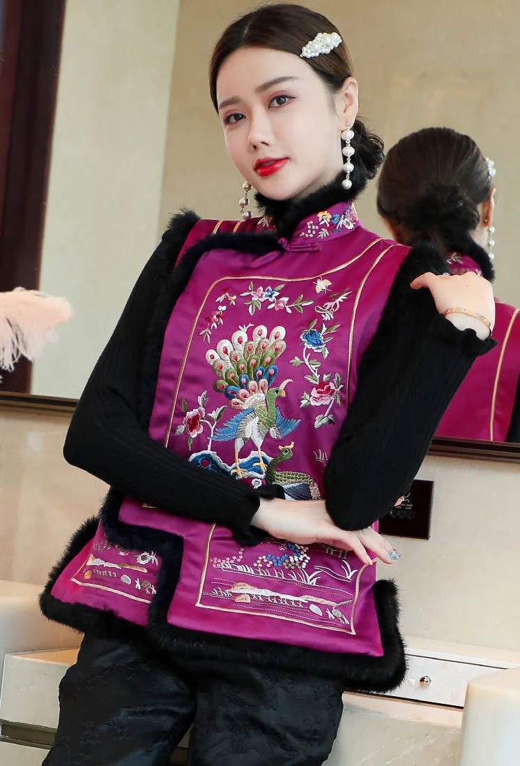 Peacock & Floral Embroidery Chinese Style Wadded Waistcoat Vest
