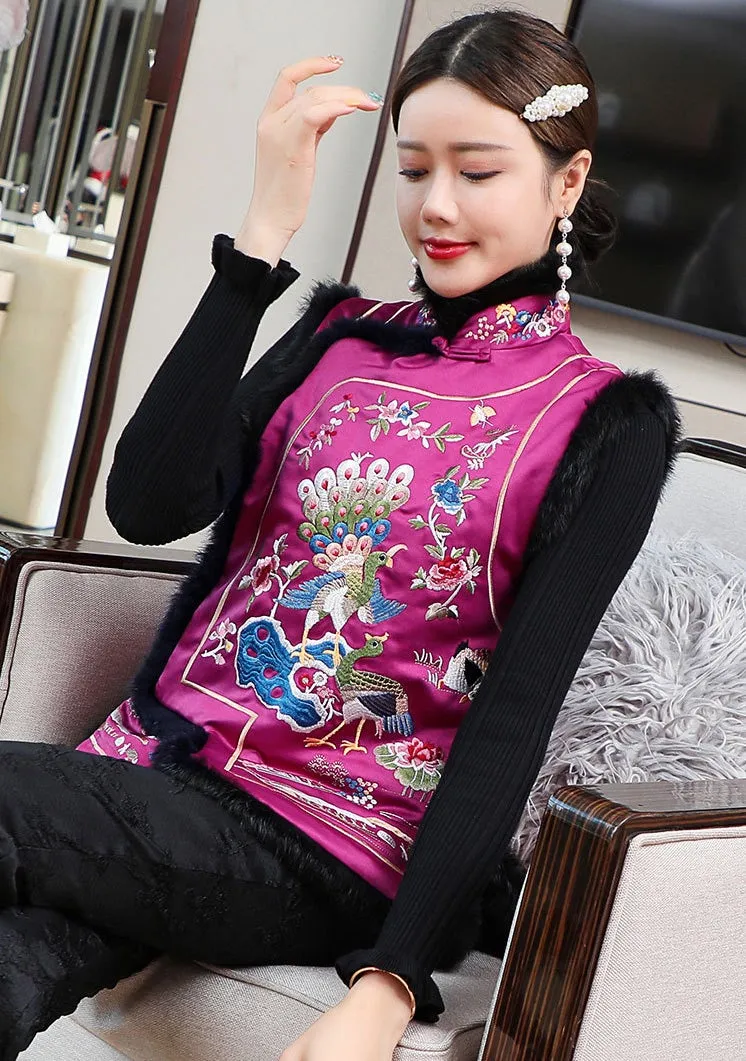 Peacock & Floral Embroidery Chinese Style Wadded Waistcoat Vest