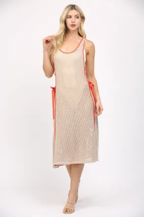 PIPED SIDE TIE CROCHET SWEATER DRESS