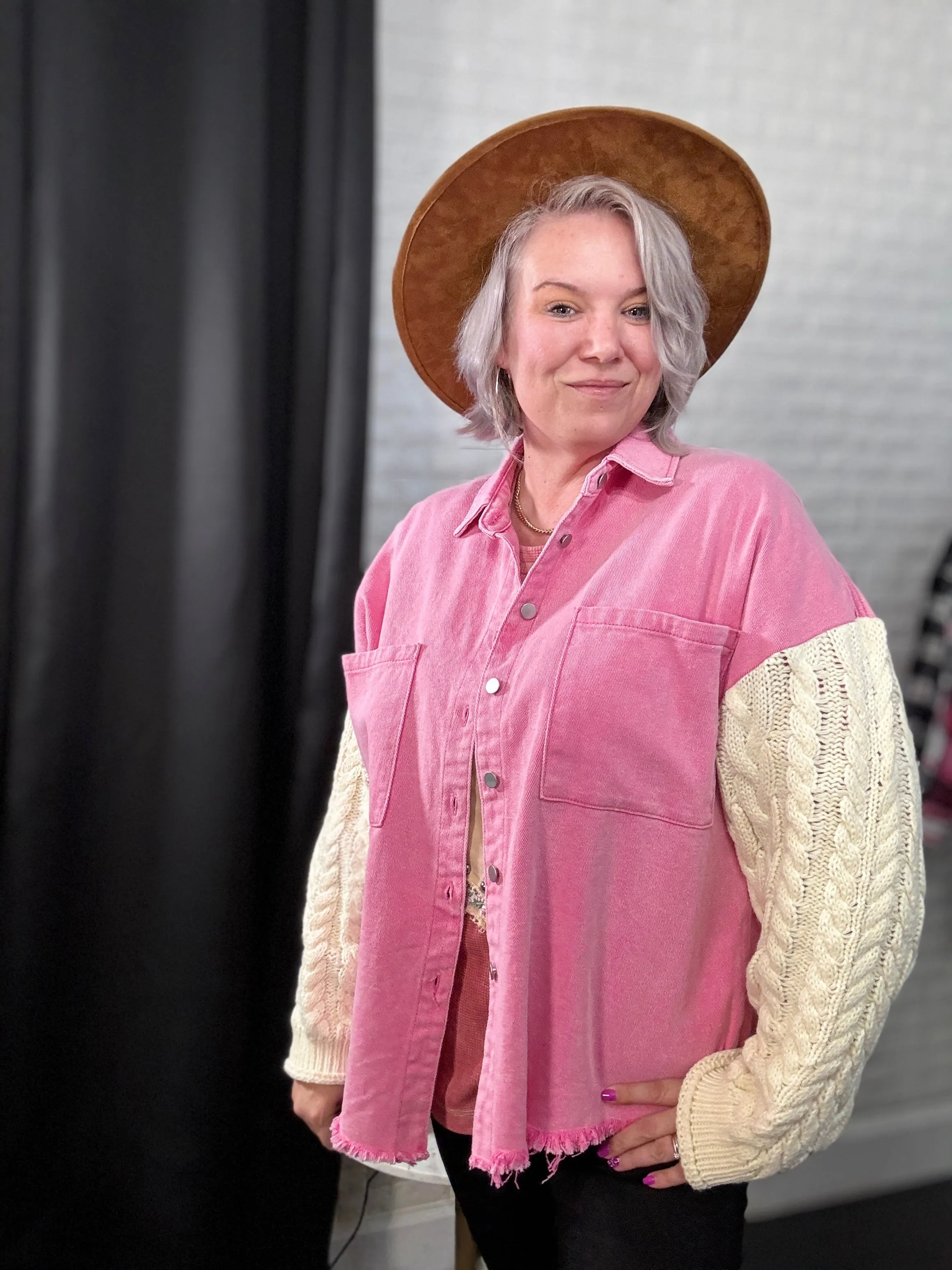 POL Punch Pink & Ivory Contrast Sweater Sleeve Button Down Jacket
