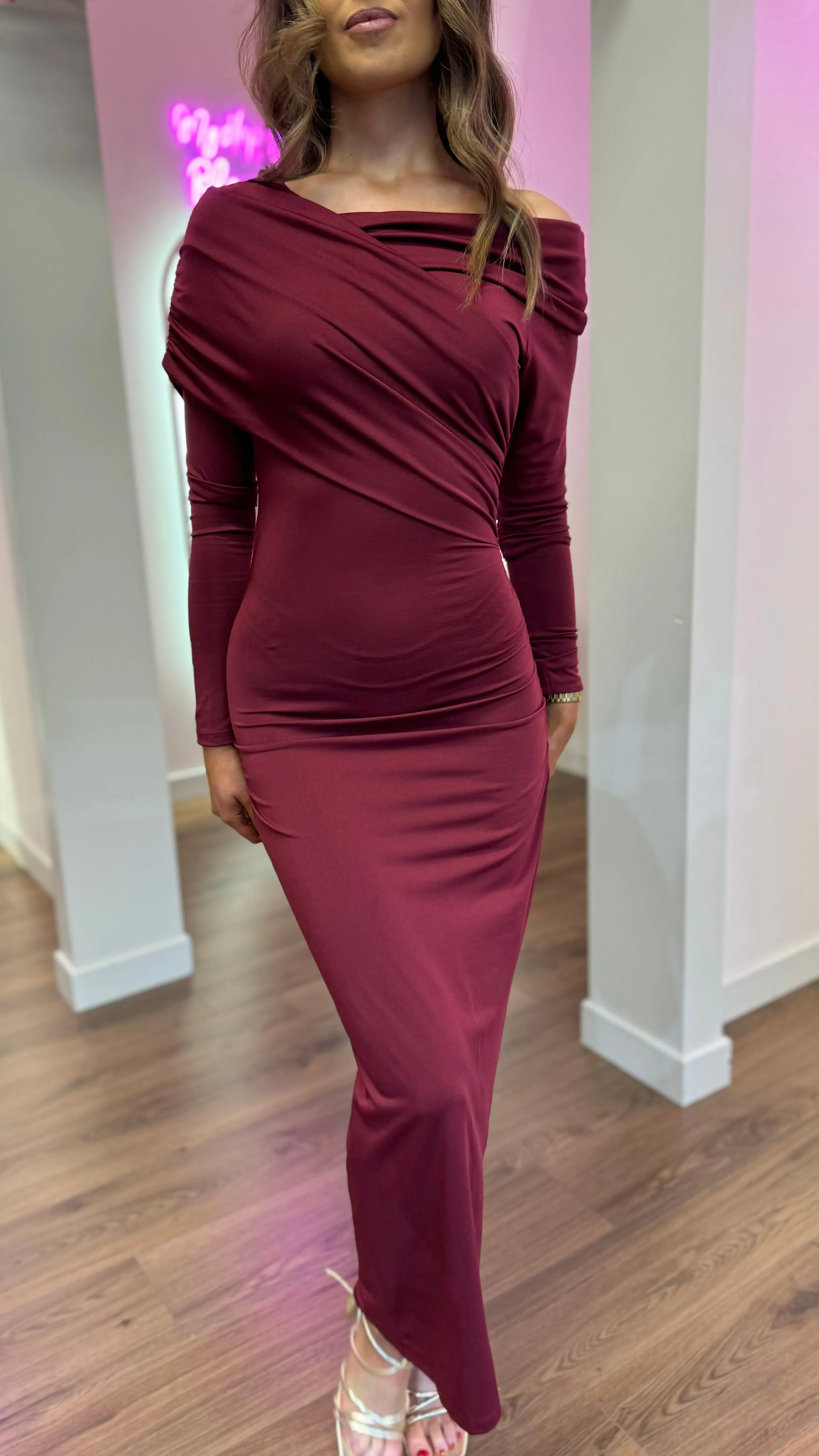 Sheridan Burgundy Off Shoulder Wrap Effect Midi Dress