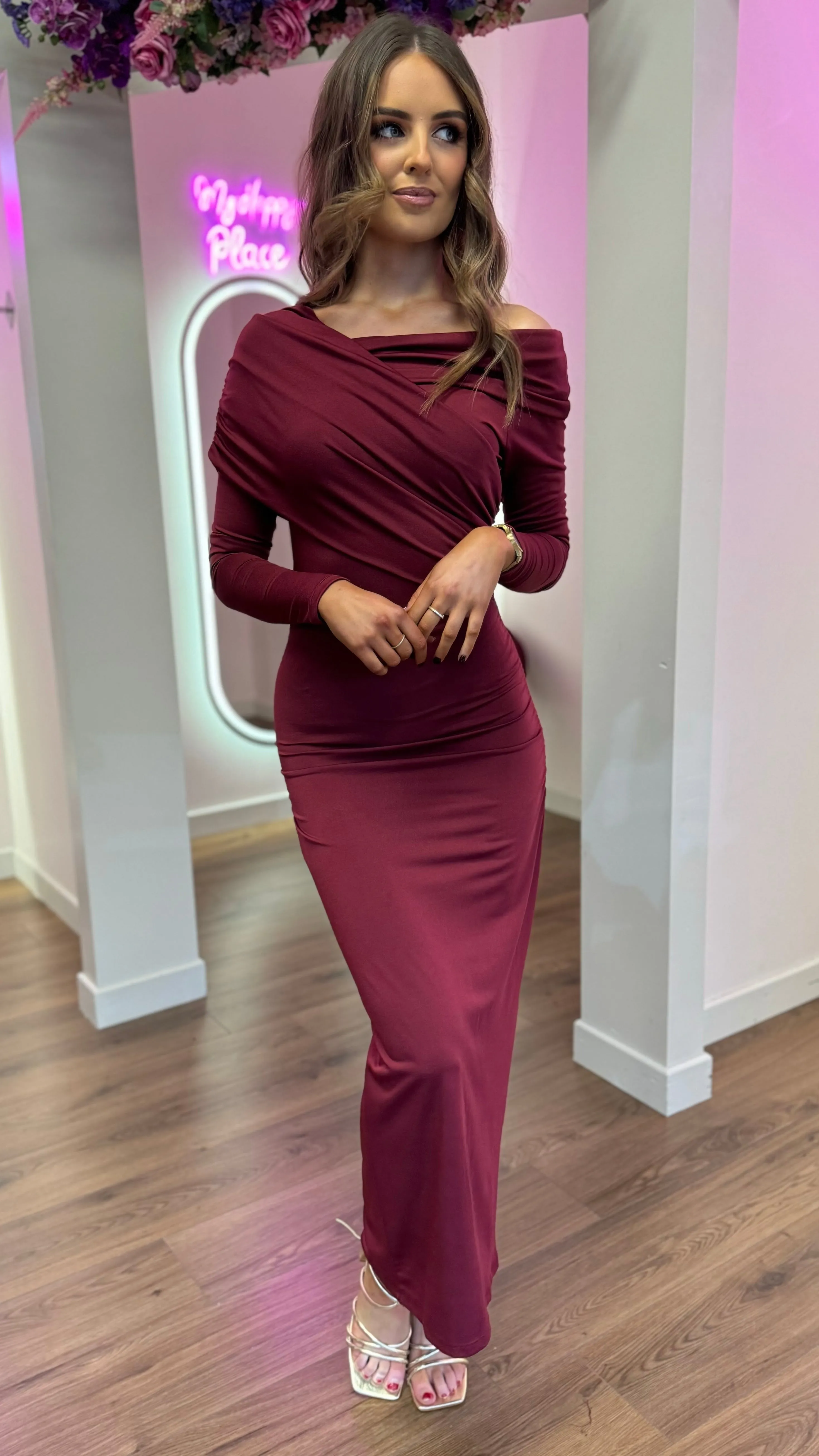 Sheridan Burgundy Off Shoulder Wrap Effect Midi Dress