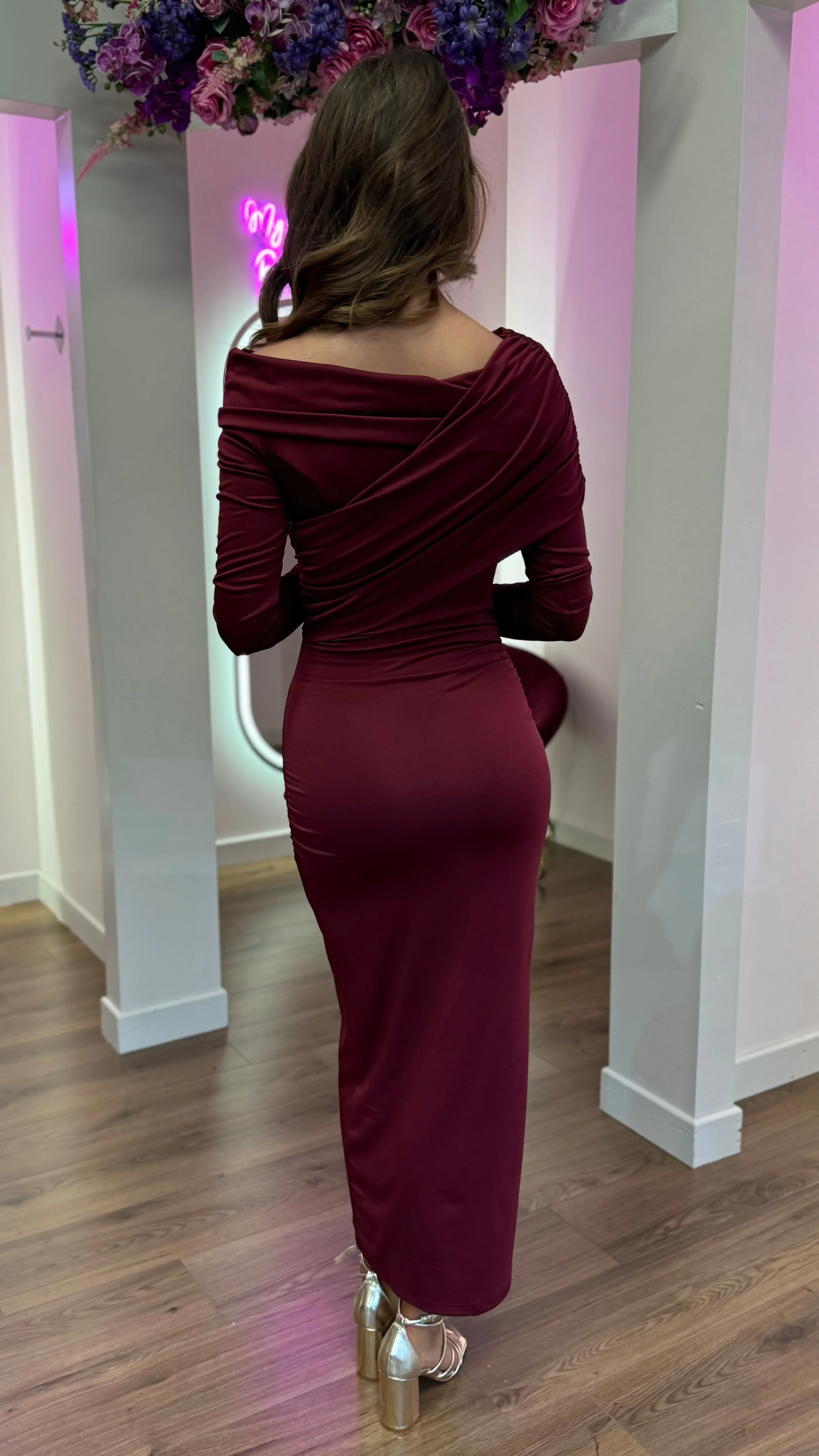 Sheridan Burgundy Off Shoulder Wrap Effect Midi Dress