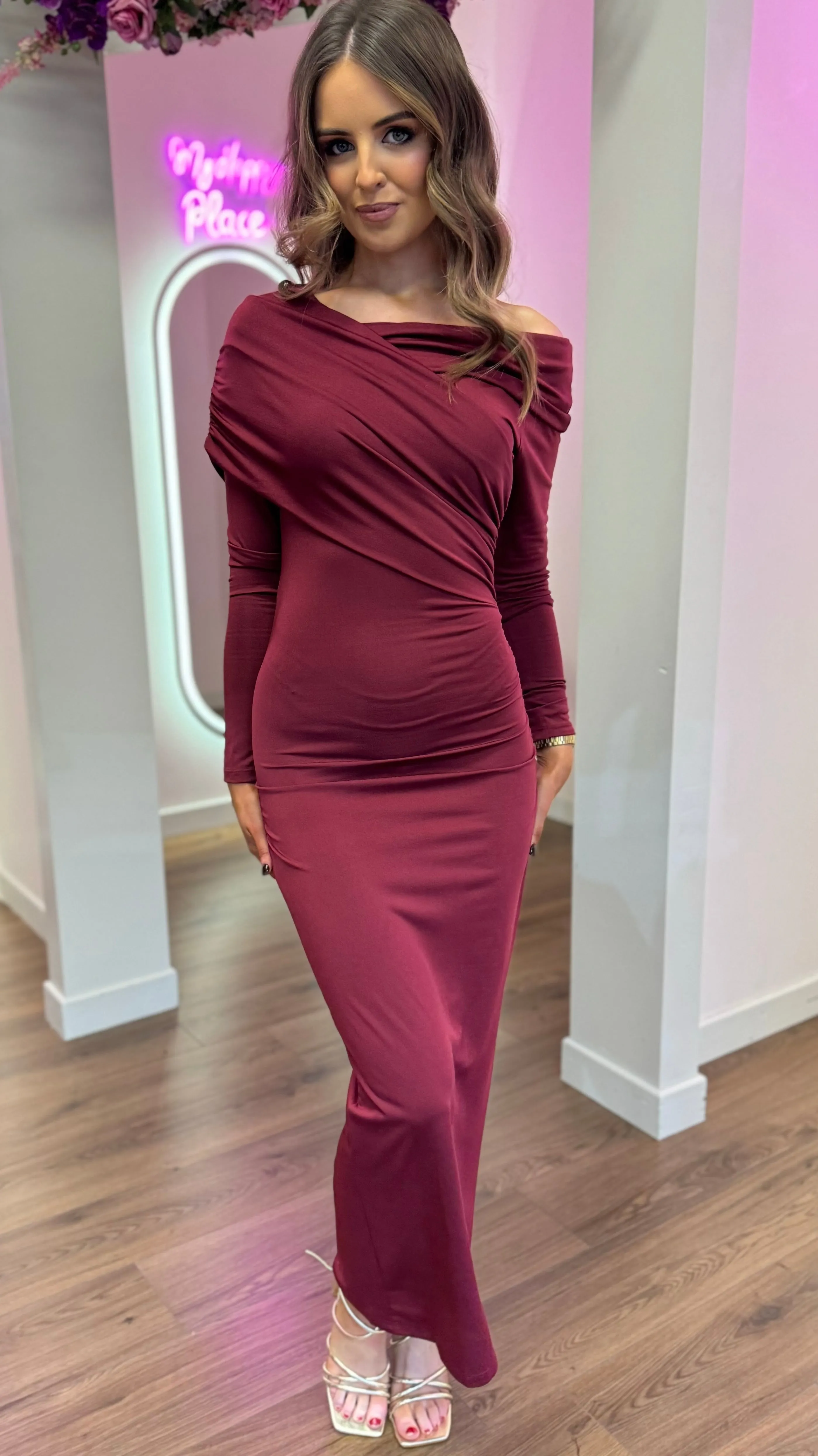 Sheridan Burgundy Off Shoulder Wrap Effect Midi Dress