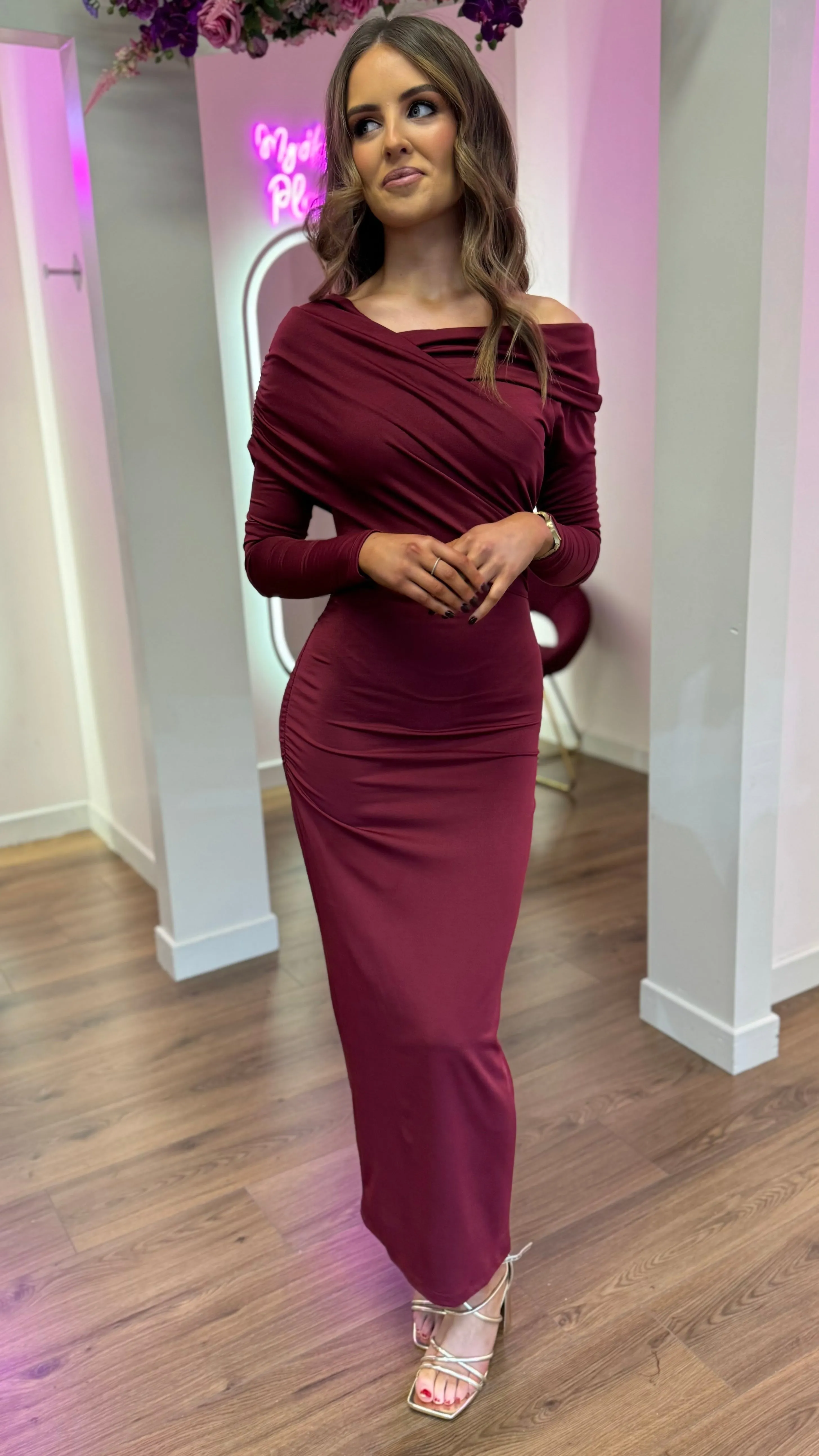 Sheridan Burgundy Off Shoulder Wrap Effect Midi Dress
