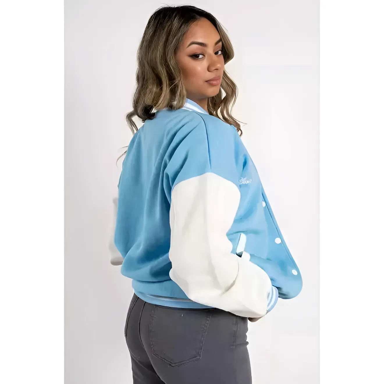 Sky Blue Contrast Sleeve Letter A Varsity Jacket