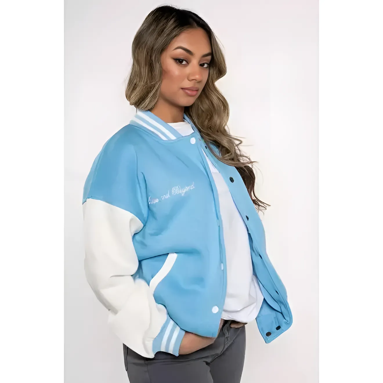 Sky Blue Contrast Sleeve Letter A Varsity Jacket
