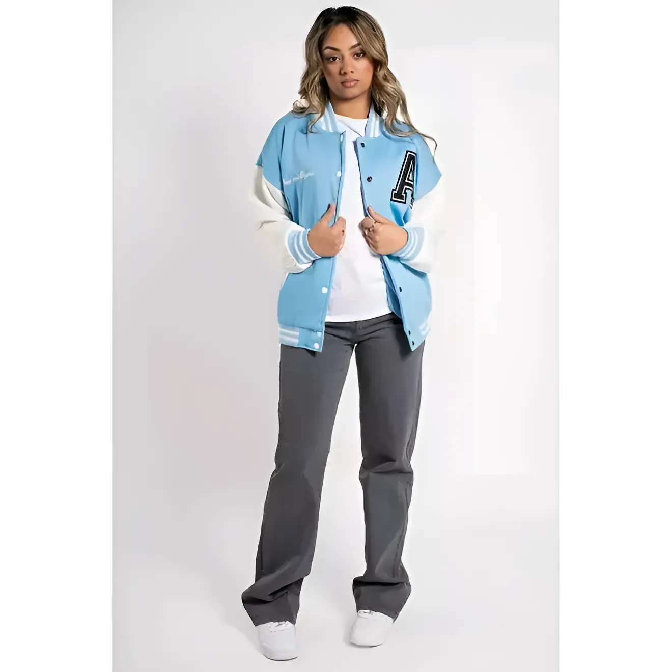 Sky Blue Contrast Sleeve Letter A Varsity Jacket