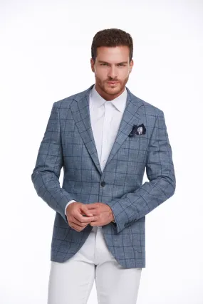 Slim Fit Notch Lapel Plaid Linen Blue Classic Blazer