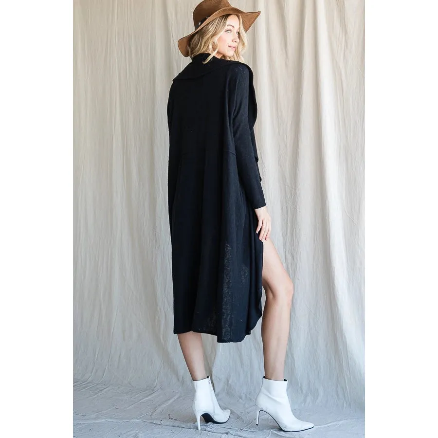 Solid Black Soft Brushed Women's Shawl Collar Midi Length Cardigan