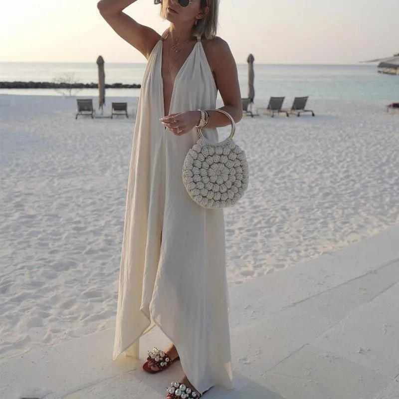 Strap Solid Color Beach Long Dress