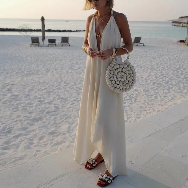 Strap Solid Color Beach Long Dress