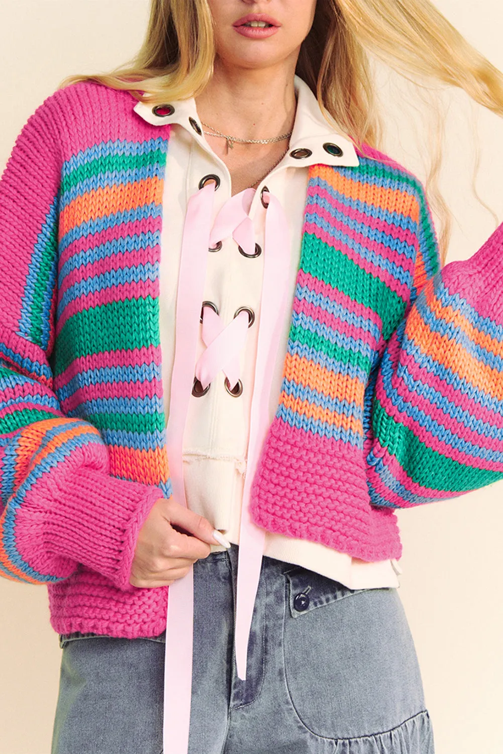 Stripe Puff Sleeve Open Cardigan