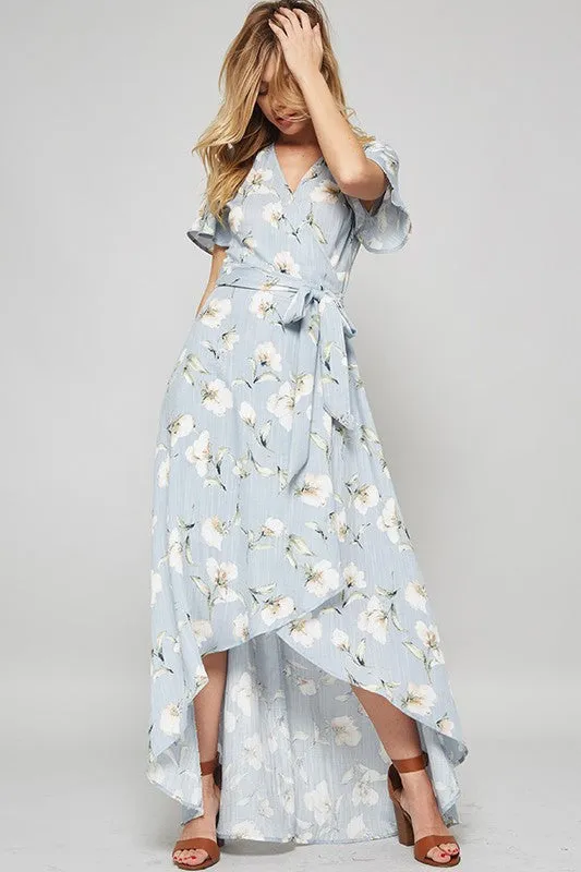 Summer Floral Print Blue Wrap Maxi Dress