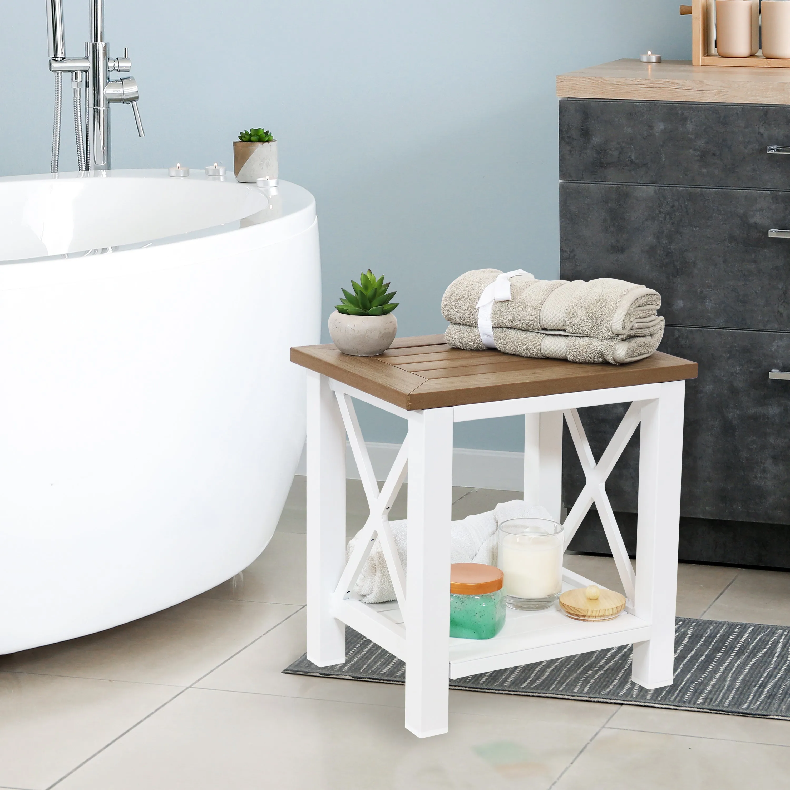 Sunnydaze Bathroom Shower Bench with Storage Shelf