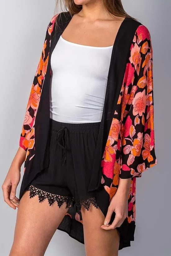 Sunset Nights Orange And Pink Floral Kimono