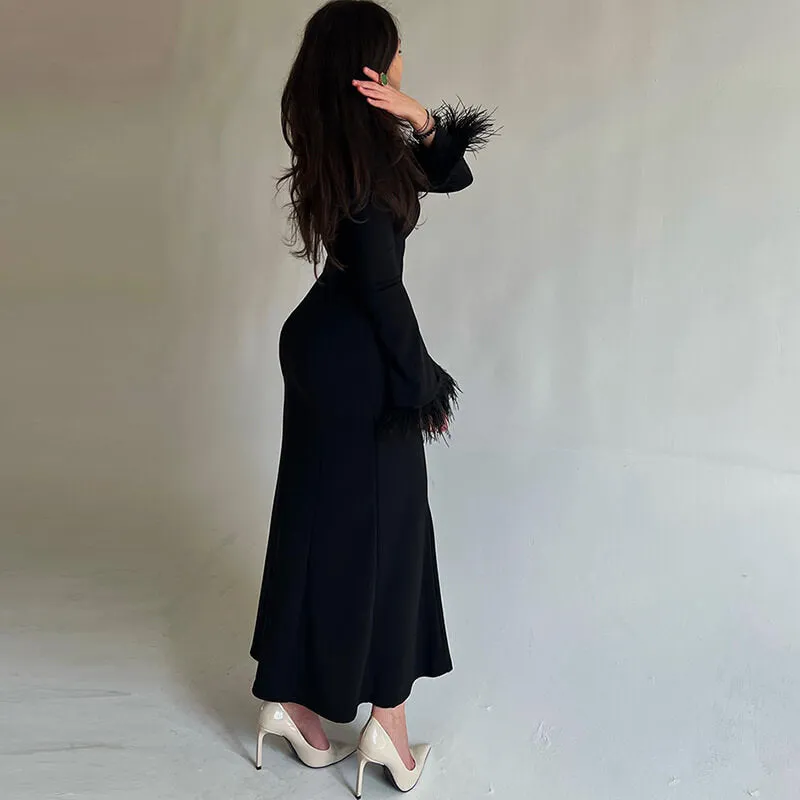 Temperament feather cuff long wrap dress