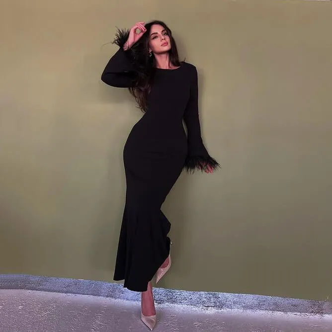 Temperament feather cuff long wrap dress