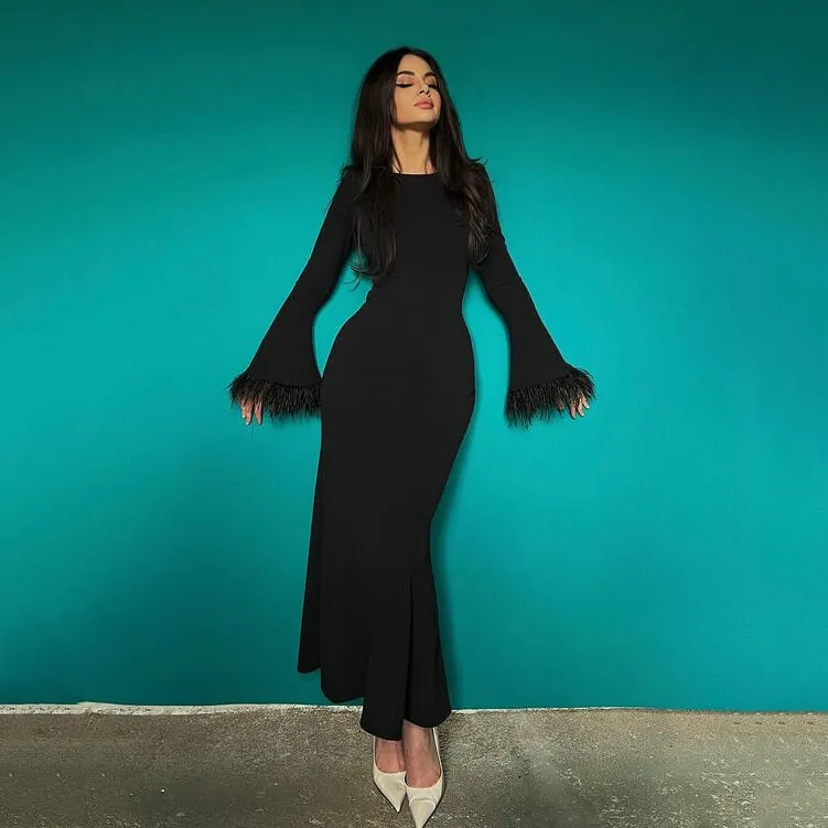 Temperament feather cuff long wrap dress